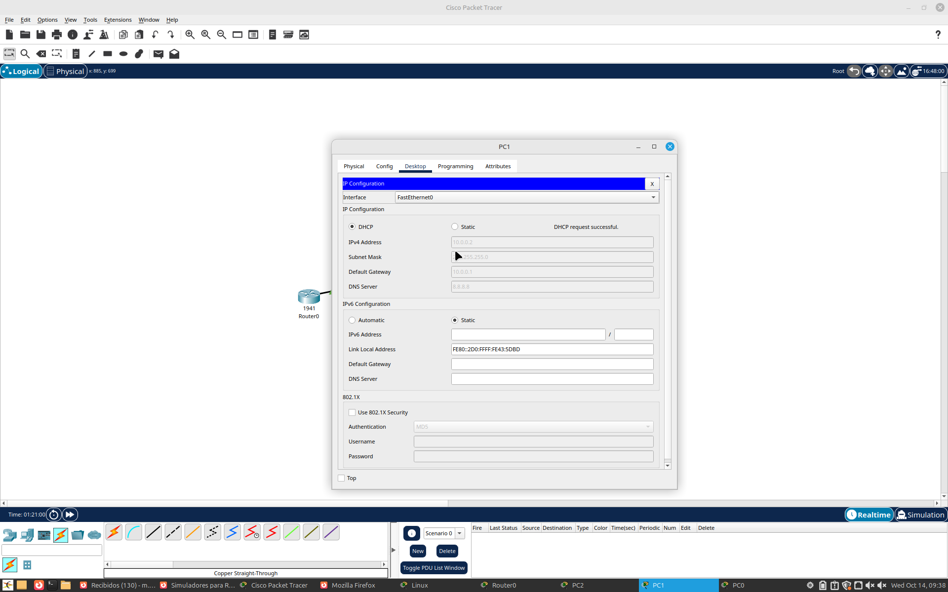 Pestanya IP Configuration de PC1