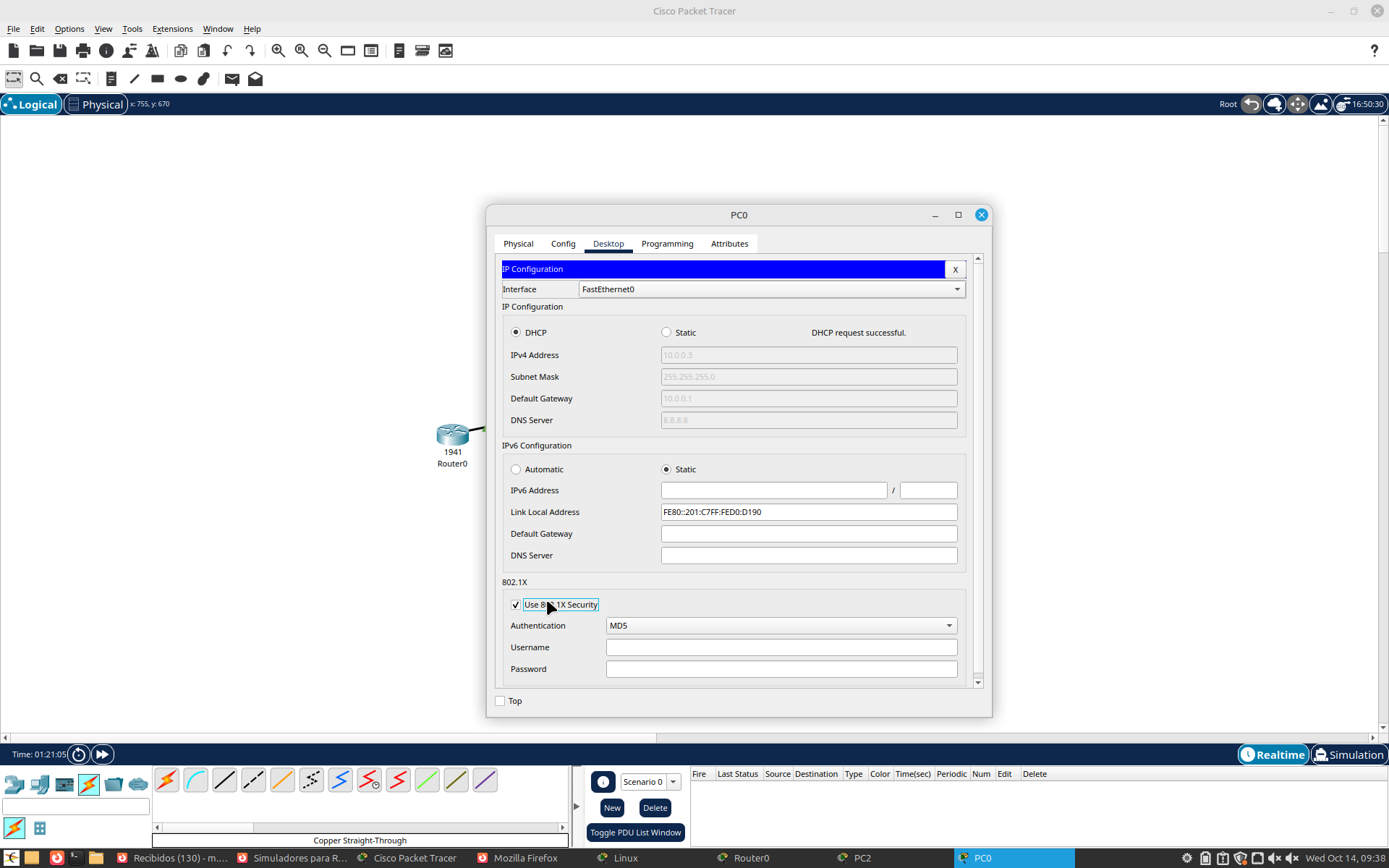 Pestanya IP Configuration de PC0